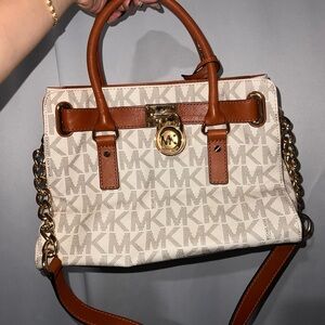 Michael Kors Brown and Cream Satchel with Signature Monogram